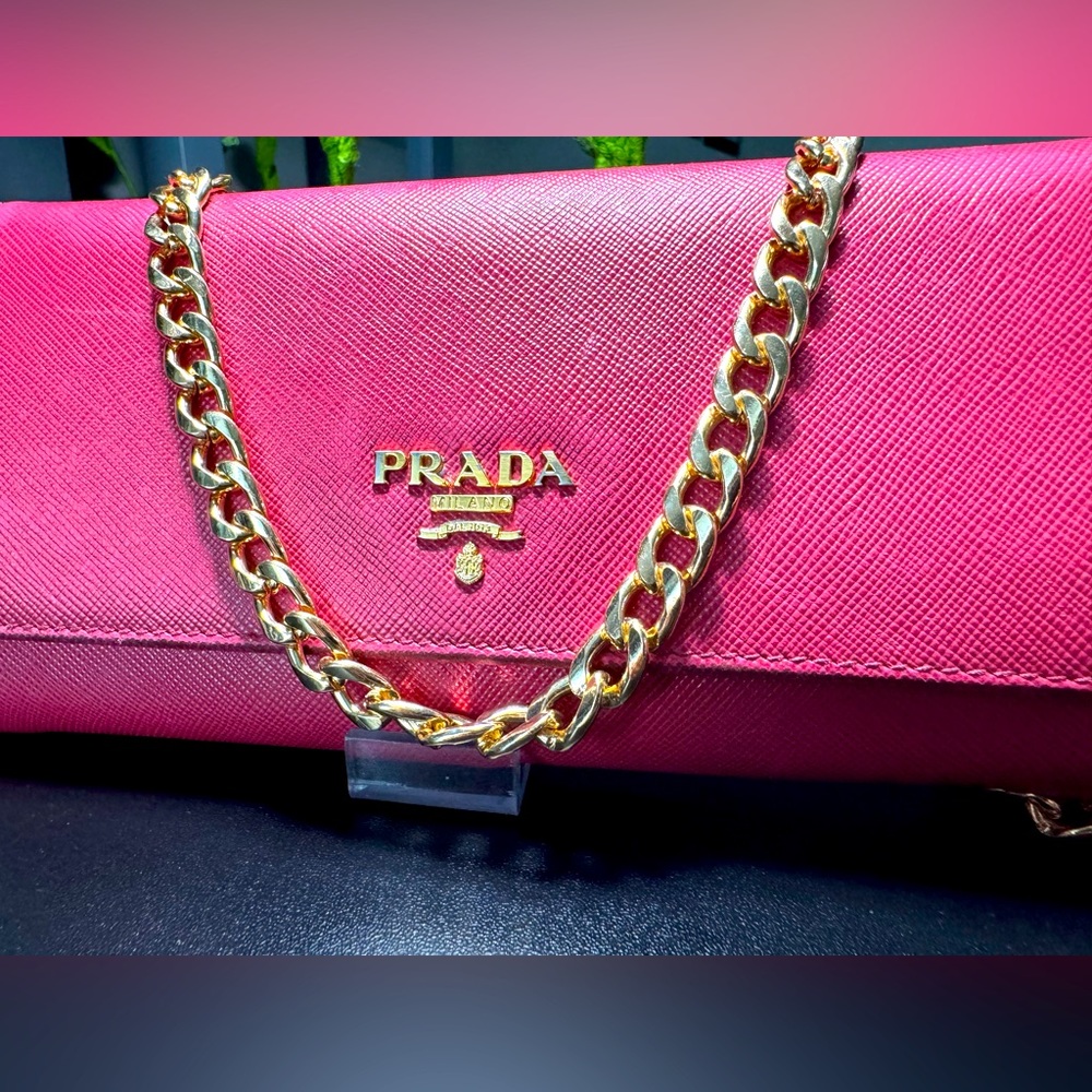 Prada Pink Saffiano Leather Continental Wallet. Chain will be included.